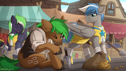 Size: 1920x1080 | Tagged: safe, artist:redchetgreen, oc, oc only, oc:cloud zapper, oc:jaeger sylva, oc:moonlit ace, species:earth pony, species:pegasus, species:pony, armor, bag, bits, blood, clothing, market, money, nosebleed, royal guard, scenery, spear, thief, town, weapon