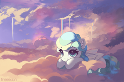 Size: 3000x2000 | Tagged: safe, artist:freeedon, character:vapor trail, species:pegasus, species:pony, g4, cloud, commission, cute, female, folded wings, looking at you, lying down, mare, on a cloud, prone, scenery, sky, smiling, solo, three quarter view, vaporbetes, wallpaper, wings