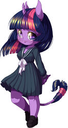 Size: 714x1347 | Tagged: safe, artist:kittehkatbar, character:twilight sparkle, species:anthro, chibi, clothing, cute, female, hands behind back, leonine tail, school uniform, simple background, solo, transparent background, twiabetes