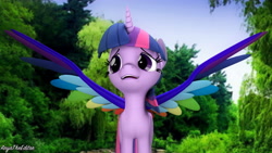 Size: 4096x2304 | Tagged: safe, artist:aryatheeditor, character:twilight sparkle, character:twilight sparkle (alicorn), species:alicorn, species:pony, friendship is magic: rainbow roadtrip, g4, my little pony: friendship is magic, 3d, colored wings, cutie mark, female, forest, horn, multicolored wings, my little pony, nature, photo, rainbow wings, singing, solo, source filmmaker, wing bling, wings