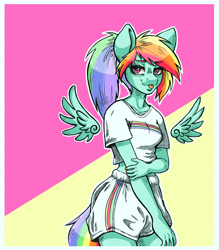 Size: 3424x3915 | Tagged: safe, artist:pitchyy, character:rainbow dash, species:anthro, species:pegasus, species:pony, 80s, blep, breasts, clothing, delicious flat chest, female, floating wings, high res, looking at you, midriff, pop, rainbow flat, shorts, solo, tongue out, wings