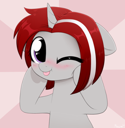 Size: 3000x3073 | Tagged: safe, artist:moozua, oc, oc only, oc:wut do, species:pony, species:unicorn, blep, blushing, female, looking at you, mare, one eye closed, silly, solo, tongue out, wink
