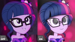 Size: 4207x2366 | Tagged: safe, artist:aryatheeditor, character:twilight sparkle, character:twilight sparkle (scitwi), species:eqg human, equestria girls:legend of everfree, g4, my little pony: equestria girls, my little pony:equestria girls, bare shoulders, comparison, crystal gala, crystal gala dress, cutie mark, digital art, element of magic, female, geode of telekinesis, glasses, high quality, low quality, magical geodes, meme, sleeveless, smiley face, smiling, solo, strapless