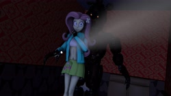 Size: 4675x2630 | Tagged: safe, artist:fazbearsparkle, character:fluttershy, my little pony:equestria girls, 3d, adidas, animatronic, clothing, crossover, fear, five nights at freddy's, five nights at freddy's 4, flashlight (object), gloves, in the dark, jacket, light, midriff, miniskirt, nightmare freddy, scared, skirt, source filmmaker