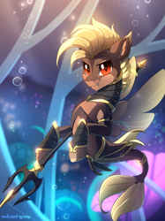 Size: 806x1080 | Tagged: safe, artist:redchetgreen, oc, oc only, species:seapony (g4), armor, bubble, fins, grin, looking at you, male, red eyes, slit eyes, smiling, solo, trident, underwater, water, weapon