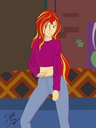 Size: 1500x2000 | Tagged: safe, artist:deltalima, character:sunset shimmer, species:human, my little pony:equestria girls, belly button, dancing, humanized, sunset's apartment, sweat