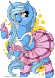 Size: 751x1063 | Tagged: safe, artist:julunis14, oc, oc only, oc:glacandra, species:pony, species:unicorn, belly button, blushing, cheerleader, cheerleader outfit, clothing, ear fluff, female, leg warmers, mare, midriff, open mouth, pleated skirt, pom pom, rearing, simple background, skirt, solo, transparent background