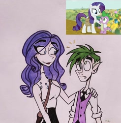 Size: 1980x2015 | Tagged: safe, artist:citi, character:rarity, character:spike, species:dragon, species:human, species:pony, species:unicorn, episode:inspiration manifestation, g4, my little pony: friendship is magic, elf ears, female, humanized, male, mare, necktie, saddle bag, scene interpretation, screencap reference