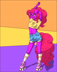 Size: 4430x5624 | Tagged: safe, artist:pitchyy, character:pinkie pie, species:anthro, species:earth pony, species:pony, species:unguligrade anthro, 80s, abstract background, absurd resolution, arm behind head, belly button, blep, clothing, denim shorts, female, looking at you, loose fitting clothes, roller skates, shirt, simple background, socks, solo, tongue out