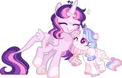 Size: 1113x718 | Tagged: safe, artist:moon-rose-rosie, character:twilight sparkle, character:twilight sparkle (alicorn), oc, oc:celestial moon, parent:rainbow dash, parent:twilight sparkle, parents:twidash, species:alicorn, species:pony, alternate design, alternate universe, eyes closed, female, filly, heart, magical lesbian spawn, mare, mother and daughter, offspring, simple background, transparent background