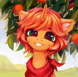 Size: 2888x2856 | Tagged: safe, artist:inowiseei, oc, oc only, species:pony, species:unicorn, g4, bust, commission, cute, ear fluff, eyebrows, female, food, front view, full face view, looking at you, mare, ocbetes, peach, portrait, scenery, signature, smiling, smiling at you, solo, tree, unicorn oc