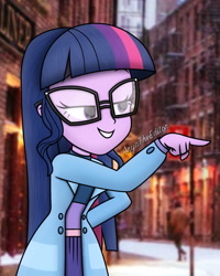 Size: 1536x1920 | Tagged: safe, artist:aryatheeditor, character:twilight sparkle, character:twilight sparkle (scitwi), species:eqg human, equestria girls:holidays unwrapped, g4, my little pony: equestria girls, my little pony:equestria girls, spoiler:eqg series (season 2), clothing, cold, cutie mark, element of magic, female, geode of telekinesis, glasses, jacket, magic, magical geodes, photo, pointing, smiley face, snow, solo, straight hair, town