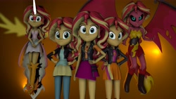 Size: 7680x4320 | Tagged: safe, artist:fazbearsparkle, character:daydream shimmer, character:sunset satan, character:sunset shimmer, g4, my little pony: equestria girls, my little pony:equestria girls, 3d, alternate hairstyle, clothing, daydream shimmer, demon, dress, gradient background, looking at you, miniskirt, multeity, pants, self paradox, skirt, source filmmaker, sunset satan