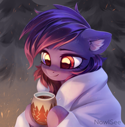 Size: 2912x2948 | Tagged: safe, artist:inowiseei, oc, oc only, oc:pestyskillengton, species:pony, commission, cozy, cup, cute, drink, ear fluff, female, heterochromia, high res, hoof hold, hot chocolate, mare, ocbetes, smiling, snow, solo, tree