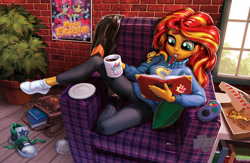 Size: 2400x1565 | Tagged: safe, artist:harwick, character:kiwi lollipop, character:ray, character:sunset shimmer, character:supernova zap, my little pony:equestria girls, book, chair, clothing, coffee, coffee mug, comfy, cute, female, food, gecko, journal, k-lo, kiwi lollipop, mouth hold, mug, pen, pizza, pizza box, plate, postcrush, potted plant, ray, reading, shimmerbetes, shoes, sneakers, socks, solo, su-z, sunset shimmer day, supernova zap, sweater, sweet snacks cafe
