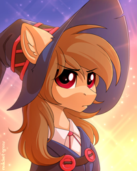 Size: 1200x1497 | Tagged: safe, artist:redchetgreen, oc, oc only, oc:fun fact, species:earth pony, species:pony, clothing, female, hat, mare, red eyes, solo, unamused, witch hat