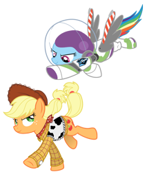 Size: 826x968 | Tagged: safe, artist:lostinthetrees, character:applejack, character:rainbow dash, buzz lightyear, clothing, cosplay, costume, crossover, toy story, woody