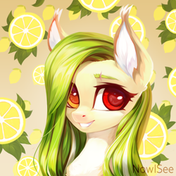 Size: 4000x4000 | Tagged: safe, artist:inowiseei, oc, oc only, oc:lemony light, species:earth pony, species:pony, bust, cute, ear fluff, female, food, lemon, looking at you, mare, portrait, solo