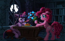 Size: 1648x1040 | Tagged: safe, artist:harwick, character:pinkie pie, character:twilight sparkle, character:twilight sparkle (unicorn), species:earth pony, species:pony, species:unicorn, ship:twinkie, alternate timeline, alternate universe, book, bookshelf, bouquet, castle, cute, date, date night, diapinkes, eating, fanfic, fanfic art, fanfic cover, female, flower, food, fork, glowing horn, holding, horn, lesbian, levitation, magic, magic aura, mare, moon, night, pancakes, shipping, sitting, smiling, standing, surprised, table, telekinesis