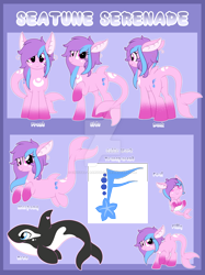 Size: 1600x2134 | Tagged: safe, artist:crystal-tranquility, oc, oc:seatune serenade, species:pony, baby, baby pony, cutie mark, deviantart watermark, diaper, dolphin, dolphin pony, female, filly, merpony, obtrusive watermark, orca, original species, reference sheet, solo, watermark