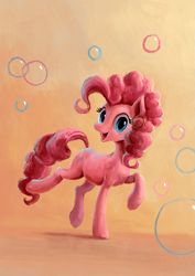 Size: 965x1364 | Tagged: safe, artist:plainoasis, character:pinkie pie, species:earth pony, species:pony, bubble, ear piercing, earring, female, happy, jewelry, looking at you, mare, piercing, raised hoof, smiling, solo