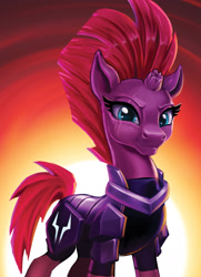Size: 1575x2175 | Tagged: safe, artist:harwick, character:tempest shadow, species:pony, species:unicorn, my little pony: the movie (2017), armor, beautiful, broken horn, cracked horn, eye scar, female, gradient background, horn, looking at you, mare, mohawk, scar, smiling, smirk, solo