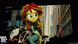 Size: 4208x2367 | Tagged: safe, artist:aryatheeditor, character:sunset shimmer, my little pony:equestria girls, 3d, biker, city, clothing, crossover, female, frown, gameplay, grand theft auto, gta v, jacket, ktm, loading screen, motorcycle, pants, pose, shirt, solo, source filmmaker, vehicle
