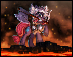Size: 3000x2358 | Tagged: safe, artist:harwick, character:sun cross, species:earth pony, species:pony, g4, axe, background pony, cutie mark, fire, helmet, high res, lava, mighty helm, mouth hold, solo, underhoof, viking, weapon