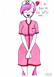 Size: 2478x3495 | Tagged: safe, artist:killerteddybear94, character:nurse redheart, species:anthro, species:earth pony, species:pony, breasts, busty nurse redheart, cute, dawwww, eyes closed, female, heart, heartabetes, mare, open mouth, smiling, talking to viewer, traditional art