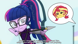 Size: 1920x1080 | Tagged: safe, artist:aryatheeditor, character:sunset shimmer, character:twilight sparkle, character:twilight sparkle (scitwi), species:eqg human, equestria girls:friendship games, g4, my little pony: equestria girls, my little pony:equestria girls, aiming, archer, archery, arrow, bow (weapon), bow and arrow, chibi, daily life, emoji, engrish, expressions, female, geode of telekinesis, glasses, magic, magical geodes, photo, sad, serious, serious face, weapon
