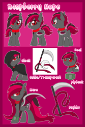 Size: 1600x2400 | Tagged: safe, artist:crystal-tranquility, oc, oc only, oc:raspberry hope, species:bat pony, species:pony, baby, baby pony, cloak, clothing, female, filly, mare, pipbuck, reference sheet, scythe, simple background, solo, transparent background