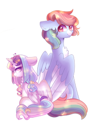 Size: 1280x1670 | Tagged: safe, artist:moon-rose-rosie, character:rainbow dash, oc, oc:celestial moon, parent:rainbow dash, parent:twilight sparkle, parents:twidash, species:pegasus, species:pony, species:unicorn, alternate design, alternate universe, chest fluff, father and daughter, female, magical lesbian spawn, male, moon, offspring, rainbow hair, rule 63, simple background, stars, transparent background