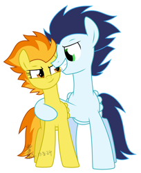 Size: 1244x1528 | Tagged: safe, artist:yaaaco, edit, character:soarin', character:spitfire, species:pegasus, species:pony, ship:soarinfire, cropped, female, grin, hug, male, mare, shipping, simple background, smiling, stallion, straight, white background