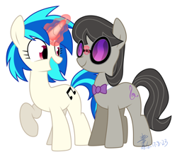 Size: 1584x1408 | Tagged: safe, artist:yaaaco, edit, character:dj pon-3, character:octavia melody, character:vinyl scratch, species:earth pony, species:pony, species:unicorn, ship:scratchtavia, accessory swap, cropped, female, glowing horn, horn, lesbian, mare, raised hoof, shipping, simple background, vinyl's glasses, white background