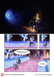 Size: 3541x5016 | Tagged: safe, artist:freeedon, artist:lummh, oc, oc:appolonia, oc:selendis, species:pony, species:unicorn, comic:the lost sun, cloak, clothing, collaboration, comic, dialogue, female, filly, foal, glowing eyes, hood, hoofprints, horn, horn ring, mare, patreon, patreon logo, portal, speech bubble, younger
