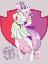 Size: 1080x1440 | Tagged: safe, artist:dimvitrarius, character:apple bloom, character:scootaloo, character:sweetie belle, species:anthro, species:pony, species:unguligrade anthro, species:unicorn, episode:growing up is hard to do, g4, my little pony: friendship is magic, anklet, bracelet, breasts, busty sweetie belle, clothing, cutie mark crusaders, dress, female, jewelry, looking at you, nail polish, necklace, older, older sweetie belle, painted nails, simple background, smiling, solo