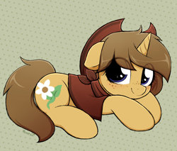 Size: 3820x3257 | Tagged: safe, artist:moozua, oc, oc only, oc:buckwheat, species:pony, species:unicorn, blushing, clothing, cowboy hat, cute, female, floppy ears, freckles, hat, looking at you, mare, ocbetes, poncho, prone, smiling, stetson
