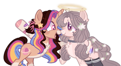Size: 1280x698 | Tagged: safe, artist:moon-rose-rosie, oc, oc only, oc:melanie, oc:valentina misfortune, species:pegasus, species:pony, species:unicorn, chest fluff, collar, ear fluff, female, flower, flower in hair, hair over one eye, halo, mare, multicolored hair, one hoof raised, simple background, stars, transparent background