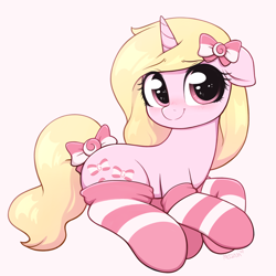 Size: 3000x3000 | Tagged: safe, artist:moozua, oc, oc only, oc:peppermint taffy, species:pony, species:unicorn, blushing, bow, clothing, commission, cute, female, floppy ears, hair bow, looking at you, lying down, mare, pink background, simple background, smiling, socks, solo, striped socks, tail bow