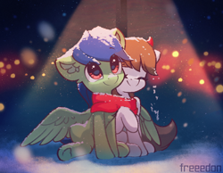 Size: 1800x1400 | Tagged: safe, artist:freeedon, oc, oc:block rain, species:earth pony, species:pegasus, species:pony, clothing, cold, hug, lamp post, outdoors, scarf, shared clothing, shared scarf, sitting, smiling, snow, spread wings, wings, winter