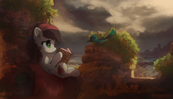 Size: 3500x2000 | Tagged: safe, artist:freeedon, oc, oc only, oc:siren, species:bird, species:pegasus, species:pony, book, commission, female, high res, lighthouse, looking at each other, mare, ruins, scenery, solo, water