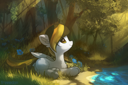 Size: 3000x2000 | Tagged: safe, artist:freeedon, oc, oc only, unnamed oc, species:pegasus, species:pony, commission, crepuscular rays, female, flower, forest, mare, scenery, solo, sunlight, water