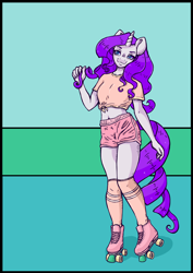 Size: 3508x4961 | Tagged: safe, artist:pitchyy, character:rarity, species:anthro, species:plantigrade anthro, species:pony, species:unicorn, 80s, belly button, clothing, female, midriff, roller skates, shirt, shorts, socks, solo