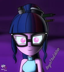 Size: 1920x2160 | Tagged: safe, artist:aryatheeditor, character:midnight sparkle, character:twilight sparkle, character:twilight sparkle (scitwi), species:eqg human, my little pony:equestria girls, daily life, dark, element of magic, evil, female, geode of telekinesis, glasses, glow, glowing eyes, magical geodes, midnight sparkle, possessed, sleeveless, smiley face, smiling at you, solo
