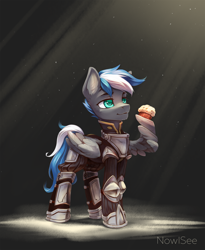 Size: 2046x2500 | Tagged: safe, artist:inowiseei, oc, oc:cloud zapper, species:pegasus, species:pony, armor, commission, food, high res, male, muffin, solo, wing hands, wings