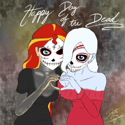 Size: 1000x1000 | Tagged: safe, artist:deltalima, character:sunset shimmer, character:trixie, species:human, breasts, cleavage, clothing, costume, dia de los muertos, halloween, heart hands, holiday, humanized, one eye closed, shoulderless