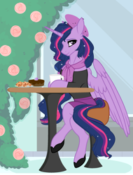 Size: 1776x2332 | Tagged: safe, artist:obeliskgirljohanny, character:twilight sparkle, character:twilight sparkle (alicorn), species:alicorn, species:pony, episode:the last problem, g4, my little pony: friendship is magic, beautiful, beret, bread, cake, clothing, croissant, cute, ear fluff, female, flower, food, hat, looking at you, mare, miniskirt, older, older twilight, paris, princess twilight 2.0, scarf, semi-anthro, shoes, sitting, skirt, solo