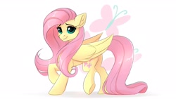 Size: 1920x1080 | Tagged: safe, artist:redchetgreen, character:fluttershy, species:pegasus, species:pony, cute, cutie mark background, female, looking at you, mare, raised hoof, raised leg, shyabetes, smiling, solo, underhoof