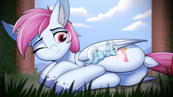 Size: 4096x2304 | Tagged: safe, artist:crash9902, oc, oc only, oc:eula phi, oc:evening skies, species:pegasus, species:pony, species:unicorn, butt, cutie mark, dock, ear fluff, female, licking, looking back, lying on top of someone, macro, macro/micro, mare, micro, one eye closed, plot, size difference, tongue out