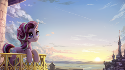 Size: 2560x1440 | Tagged: useless source url, safe, artist:inowiseei, edit, character:starlight glimmer, species:pony, species:unicorn, canterlot, canterlot castle, female, mare, smiling, solo, sun, sunset